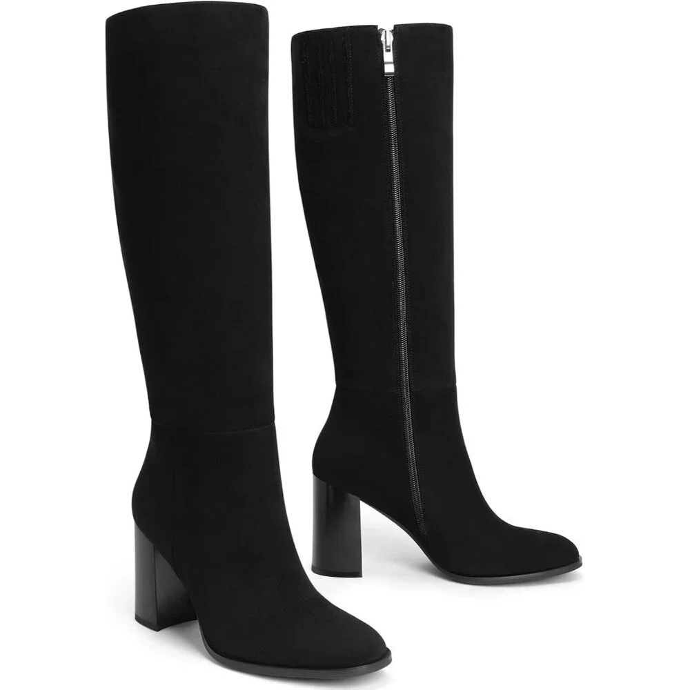Women's Suede Black Knee High Boots Round Toe Side Zip Chunky Heel Rubber